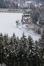 Brezova dam near Karlovy Vary, Czech Republic, winter aerial view Royalty Free Stock Photo