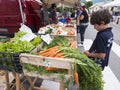 Boy checks vegetables on open air market of briancon in the french haute provence