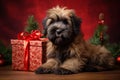 Briard puppy lies on a brown wooden floor next to a red Christmas present, red background Royalty Free Stock Photo