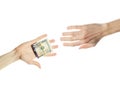 Bribe and corruption concept. American dollars cash money in male hand isolated Royalty Free Stock Photo