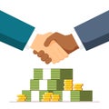 Bribe. Handshake on money background. The two men entered into a deal. Partners shake hands with each other. Vector
