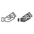 Bribe line and glyph icon, arm and money, dollar in hand sign, vector graphics, a linear pattern on a white background. Royalty Free Stock Photo