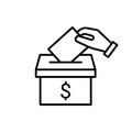 Bribe, vote box with buy ballot, line icon. Hand holding ballot paper, fraud election. Vote and opinion. Vector