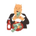 Bribery and Corruption with Greedy Man Character Eating Money Banknote from Plate Vector Illustration