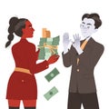 Bribery and Corruption with Woman Character Giving Money to Man Refusing It Vector Illustration