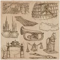 Bric a brac, objects - an hand drawn pack. Freehand sketching. V