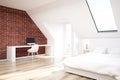 Brick attic bedroom, wood floor, home office