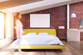 Brick attic bedroom, wooden floor, girl Royalty Free Stock Photo