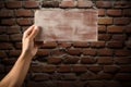 Brick backdrop male hand holds a blank sign silently Royalty Free Stock Photo