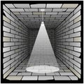 Brick box in perspective. 3d room with a light bulb on the ceiling and lighting Royalty Free Stock Photo