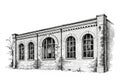 Brick building with an industrial design, featuring four tall, arched Royalty Free Stock Photo