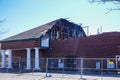 Brick building with part of it`s roof missing after it collapsed during a fire.