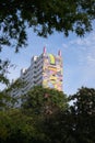 Brick building with a vibrant colorful graffiti and lush vegetation in the foreground