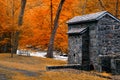 Landscape with cabin, river and Autumn trees. Royalty Free Stock Photo