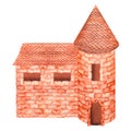 Brick castle. Watercolor illustration. Isolated on a white background. For design