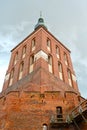 Brick cathedral bell tower 17th century, view from below. Frombork, Poland Royalty Free Stock Photo