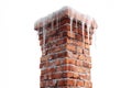 Brick Chimney With Icicles Measures in Sharp Focus Showing Winter Conditions and Details on a White Background Royalty Free Stock Photo
