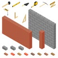 Wall made of bricks and cinder block with tools, 3D vector illustration