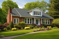 brick colonial house with a gently sloping roof