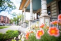 brick colonial with white columns and blooming flowers