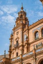 Brick facade detail, tower and decoration with statues of the Palace of Plaza de EspaÃÂ±a, Seville SPAIN