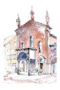 Brick facade of the Italian church basilica di San Calimero in Milan, Italy. Hand drawn ink and watercolor architectural