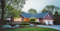 Brick family house with black roof tiles, two garages and beautiful landscaping designed front yard. Created with generative Ai Royalty Free Stock Photo