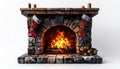 Brick Fireplace with Burning Fire Red Stockings and Logs Against White Background Royalty Free Stock Photo