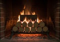 Brick fireplace with a burning fire using compressed wood logs Royalty Free Stock Photo