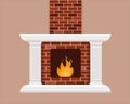 Brick fireplace with flame.