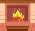 Brick Fireplace, Wooden Logs, Bright Burning Fire