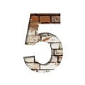 Brick font. Number five, 5 on the background of an old brick wall with peeled paint. Decorative alphabet from old brickwork Royalty Free Stock Photo