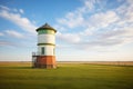 brick footing wood water tower in grassy prairie