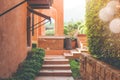 Brick of footpath or pathway lead to outdoor garden with sunlight flare in the background.