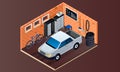 Brick garage interior banner, isometric style