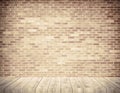 Brick grunge weathered brown wall with wooden shelf, walkway or table
