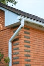 Brick House Rain Gutter Pipeline Outdoor. Home Guttering, Gutters, Plastic Guttering System, Guttering & Drainage Pipe Exterior