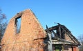 Brick House Roof Fire Damage. Old Home Burns Down. Royalty Free Stock Photo