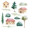Brick house, tree and bush watercolor set image. Hand drawn various retro houses with red roof tiles, tree elements