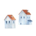 Brick house watercolor set image. Hand drawn various retro houses with red roof tiles element collection. Village
