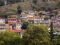 Brick houses with carved wooden balconies, hillside and Platanus trees