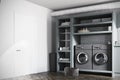 Brick laundry room, gray washing machines, side