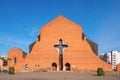 Brick modernistic facade of the Holy Ascension church in Stoklosy district of Warsaw, Poland, in Ursynow part of the city