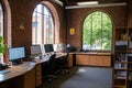 Modern Office Space with Brick Walls and Arch Windows Royalty Free Stock Photo