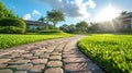 Brick path or sidewalk with perspective going into the distance with soft sunlight reflecting of the bricks.Generative AI