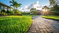 Brick path or sidewalk with perspective going into the distance with soft sunlight reflecting of the bricks.Generative AI