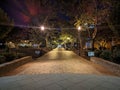 The brick path outside J. Murrey Atkins Library at UNC Charlotte at night