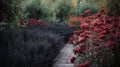 a brick path surrounded by flowers and shrubs in a garden