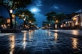 Brick path under moonlight, leading to modern building, a tranquil nocturnal panorama