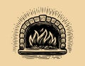 Brick pizza oven with fire. Bakery sketch vintage vector illustration